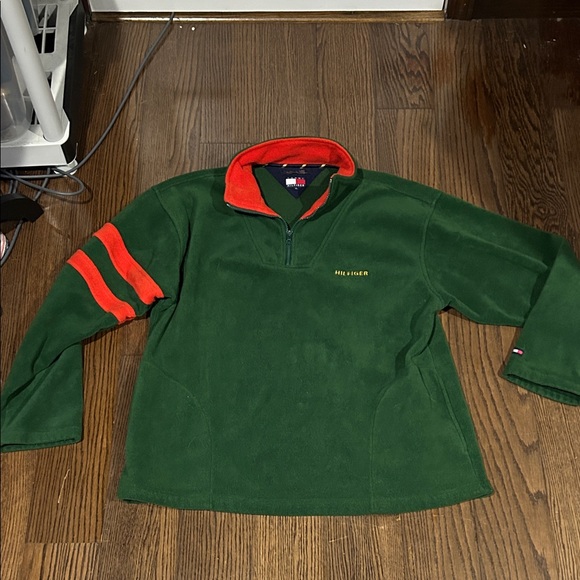 Vtg Tommy Hilfiger 90s Y2K green orange colorblock spelled out 1/4 zip jacket L